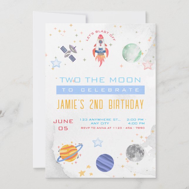 Invitación Fiesta de Cumpleaños Retro al Espacio Exterior de  (Anverso)