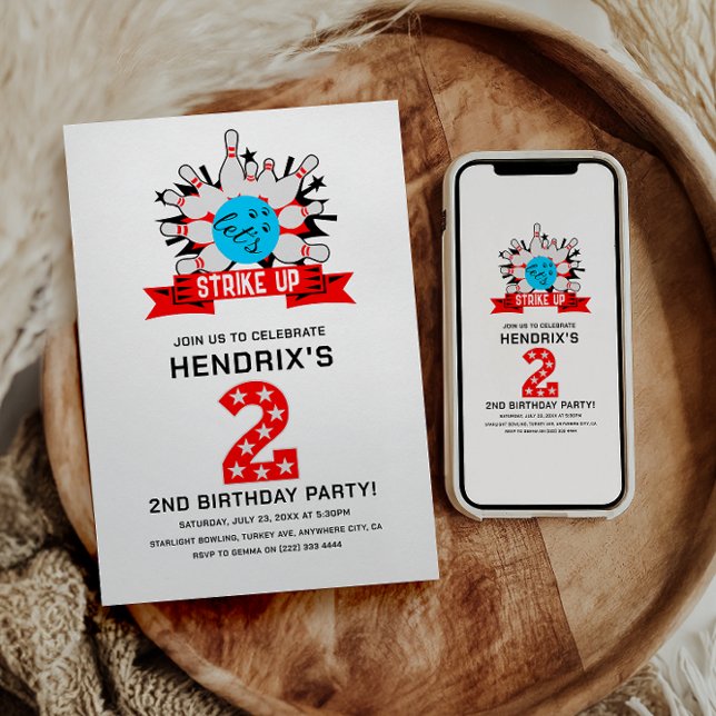 Invitación Fiesta de cumpleaños Retro Bowling Kids 2 años (Retro Bowling Kids 2ND Birthday Party Invitation)