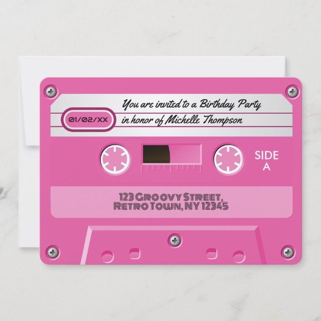 Invitación Fiesta de cumpleaños retro con cassette rosa calie (Anverso)
