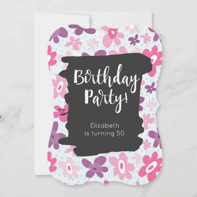 Invitación Fiesta de Cumpleaños Retro con Flores Rosadas y Di (Anverso)