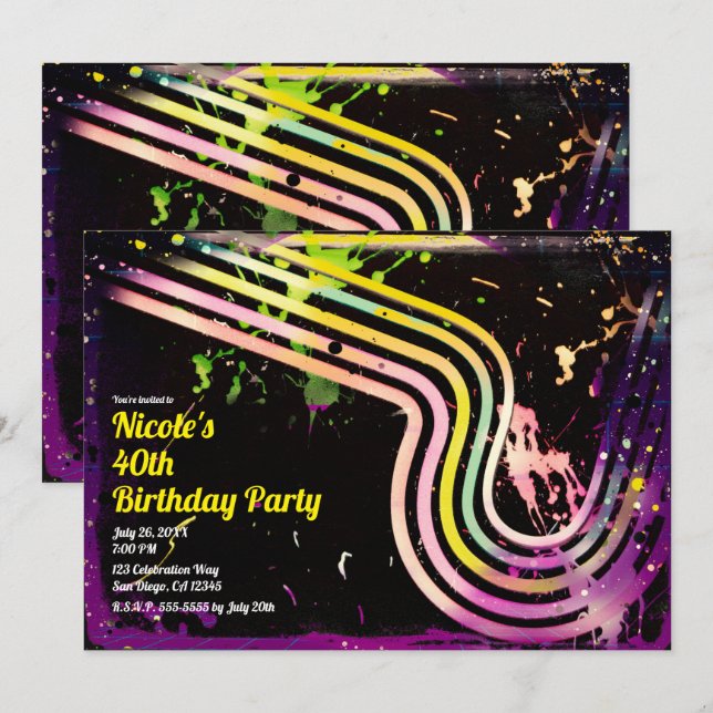 Invitación Fiesta de cumpleaños retro con salpicaduras de col (Anverso / Reverso)