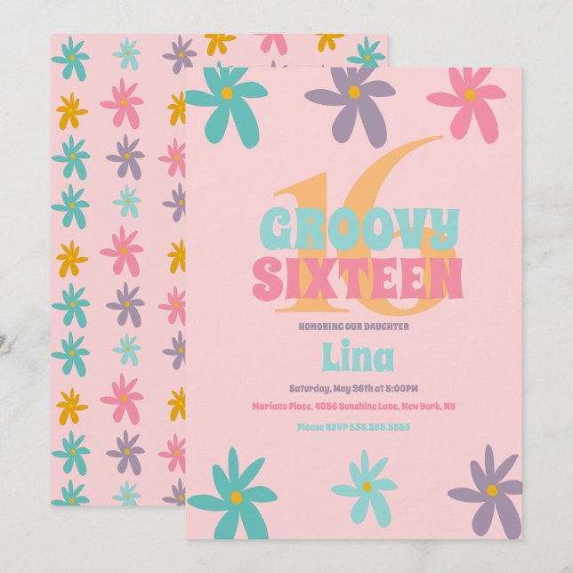 Invitación Fiesta de cumpleaños Retro Daisy Flower Sweet 16 (Anverso / Reverso)