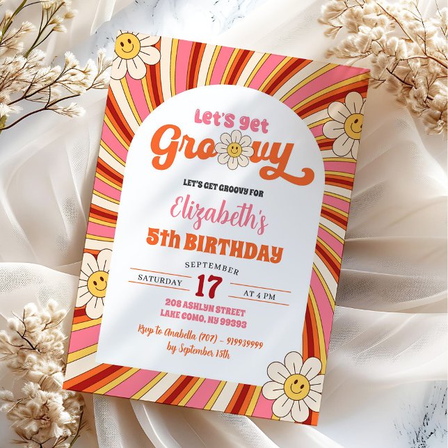 Invitación Fiesta de cumpleaños Retro Daisy Let's Get Groovy  (Subido por el creador)