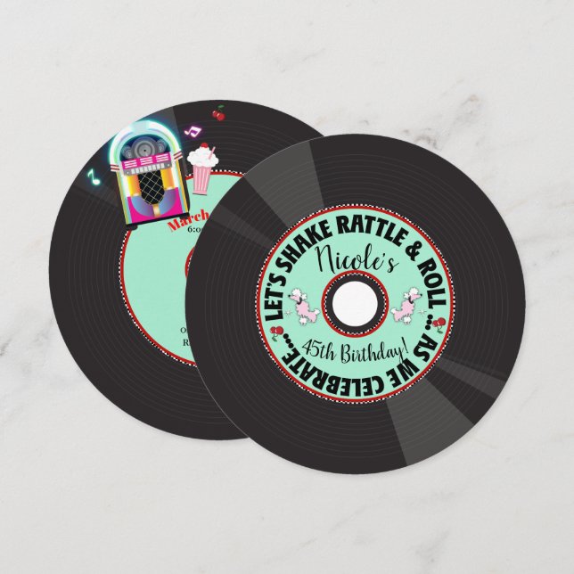 Invitación Fiesta de Cumpleaños Retro Disco 1950'S 50'S Cincu (Anverso / Reverso)
