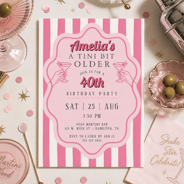 Invitación Fiesta de Cumpleaños Retro Martini de Raya Rosa (Retro Pink Stripe Martini Birthday Party Invitation)