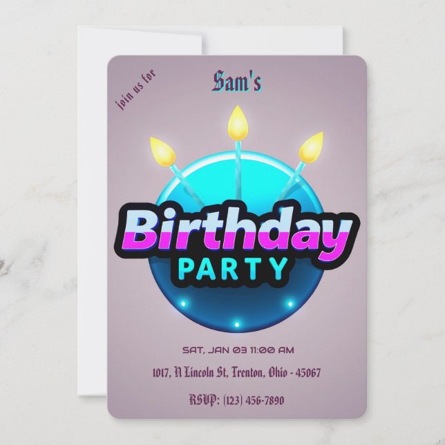 Invitación Fiesta de cumpleaños retro sobre morado (Anverso)