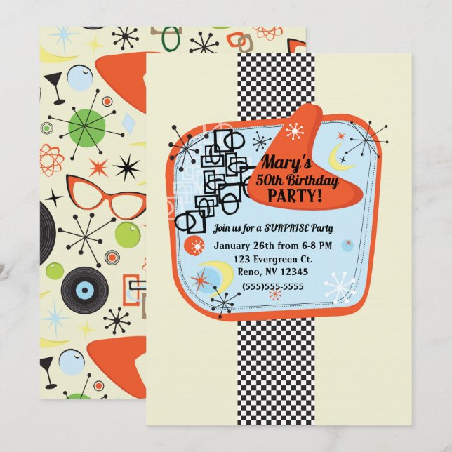 Invitación Fiesta de Cumpleaños Retro Vintage Años 50 60 (Anverso / Reverso)