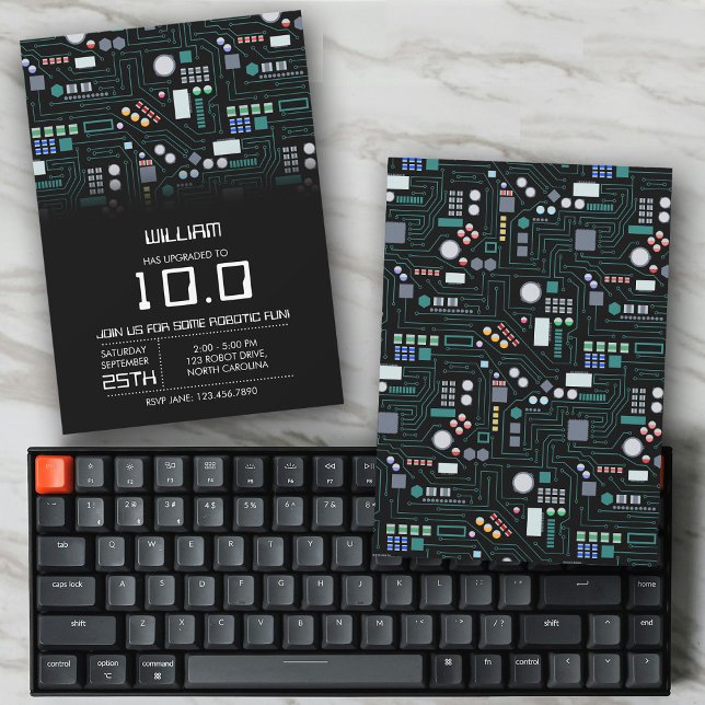 Invitación Fiesta de cumpleaños robótica para niños de la pla (Computer Circuit Board Kids Robotic Birthday Party Invitation)