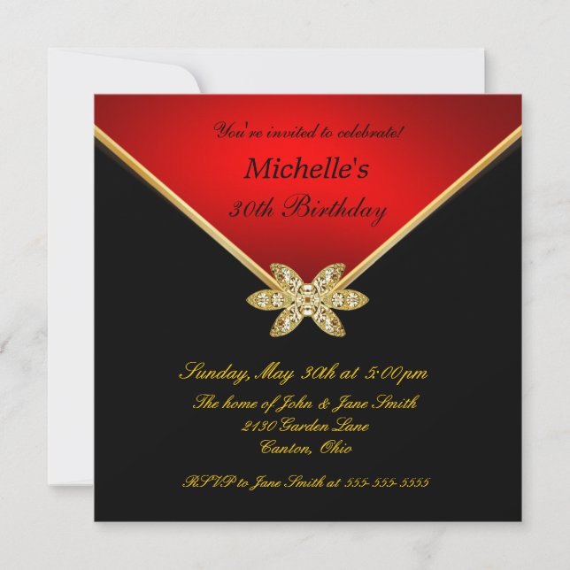 Invitación Fiesta de cumpleaños roja de las señoras del negro (Anverso)