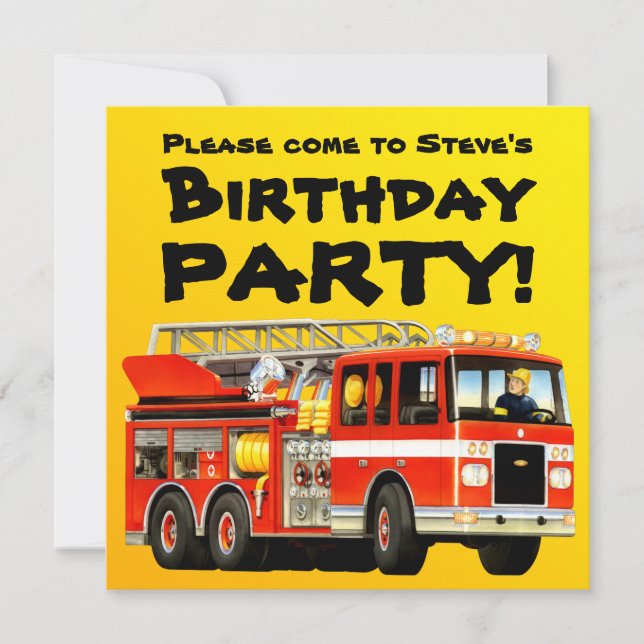Invitación Fiesta de cumpleaños roja del coche de bomberos (Anverso)