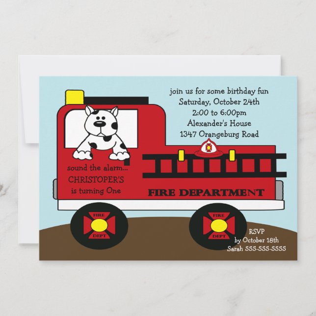 Invitación Fiesta de cumpleaños roja del coche de bomberos