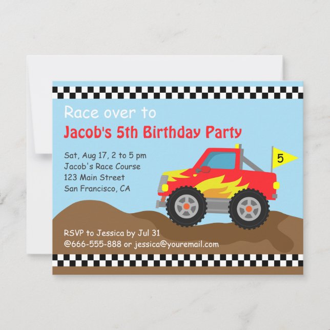 Invitación Fiesta de cumpleaños roja del monster truck, para (Anverso)