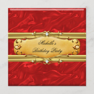 Invitación Fiesta de cumpleaños roja diamante dorado