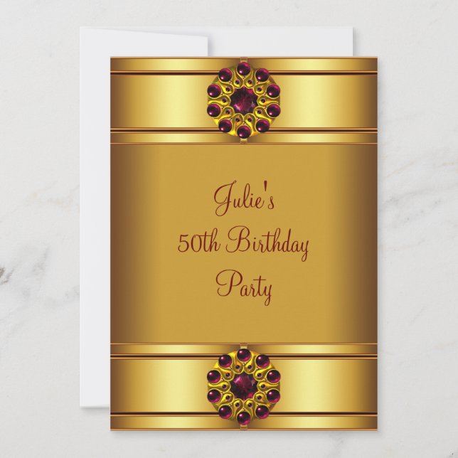 Invitación Fiesta de cumpleaños roja dorada para mujer (Anverso)