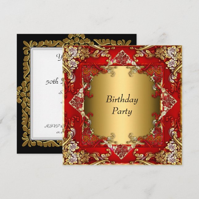 Invitación Fiesta de cumpleaños roja dorada roja dorada (Anverso / Reverso)