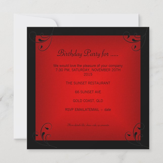 Invitación Fiesta de Cumpleaños Roja Glamurosa Negra (Anverso)