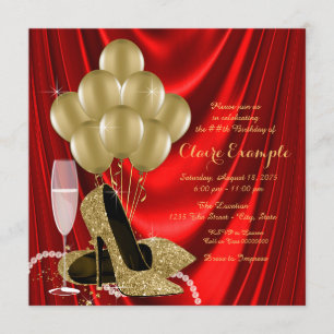 Invitación Fiesta de cumpleaños roja y dorada para mujeres