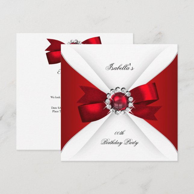 Invitación Fiesta de Cumpleaños Rojo Blanco Diamante Arco Roj (Anverso / Reverso)