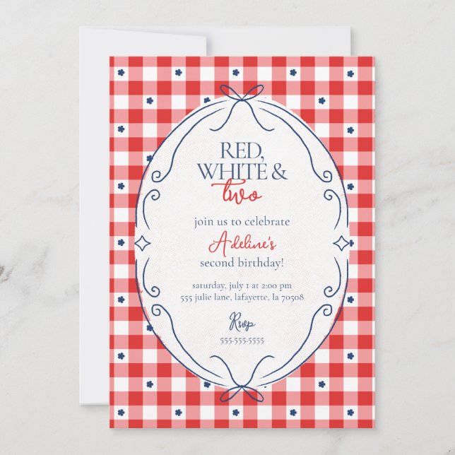 Invitación Fiesta de cumpleaños rojo blanco y dos segundo (Anverso)