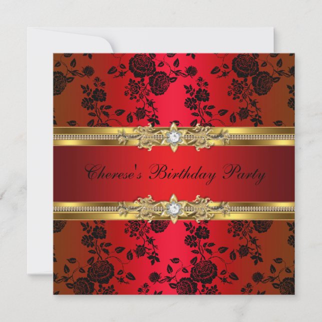 Invitación Fiesta de Cumpleaños Rojo Damasco Dorado Negro (Anverso)