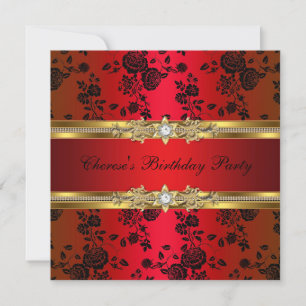 Invitación Fiesta de Cumpleaños Rojo Damasco Dorado Negro