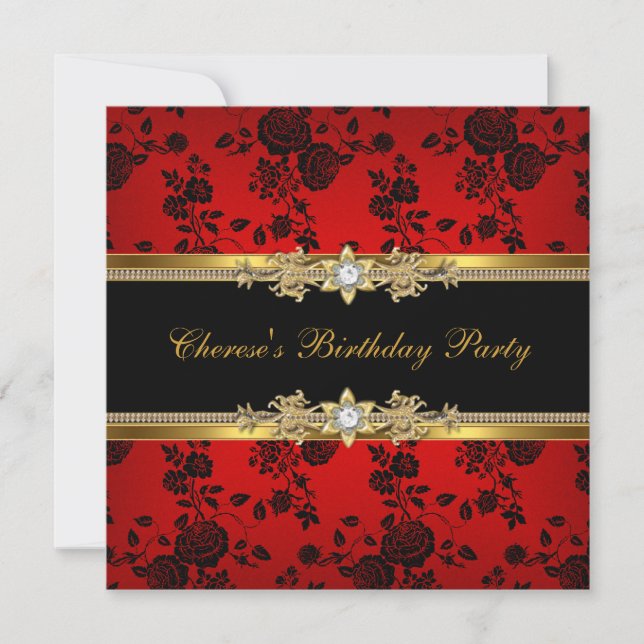 Invitación Fiesta de Cumpleaños Rojo Damask Dorado Diamante N (Anverso)