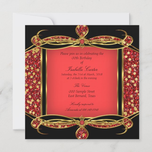 Invitación Fiesta de Cumpleaños Rojo Dorado Negro Brillo Fals (Anverso)