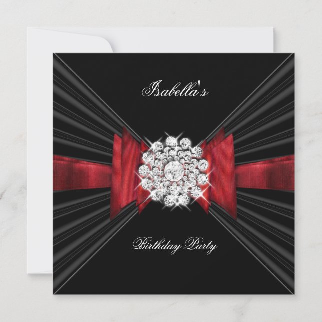 Invitación Fiesta de Cumpleaños Rojo Negro Diamante Arco Rojo (Anverso)