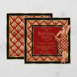 Invitación Fiesta de Cumpleaños Rojo Negro Dorado Art Deco 19