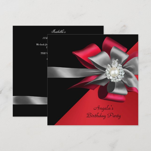 Invitación Fiesta de Cumpleaños Rojo Negro Gris Arco Plateado (Anverso / Reverso)