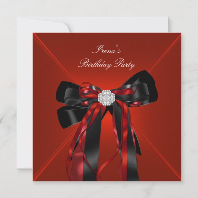 Invitación Fiesta de Cumpleaños Rojo Negro Lazo de Joyas (Anverso)