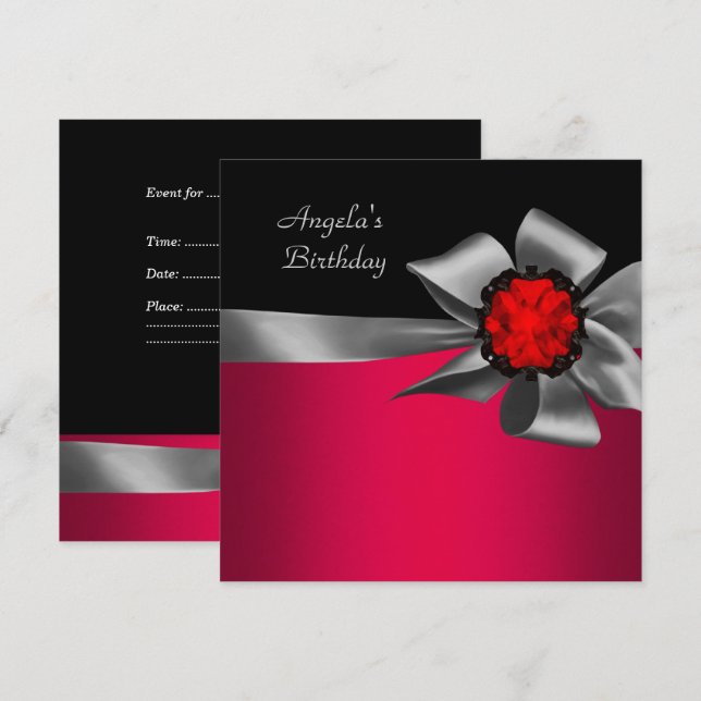 Invitación Fiesta de Cumpleaños Rojo Negro Rojo Joya Gris Laz (Anverso / Reverso)