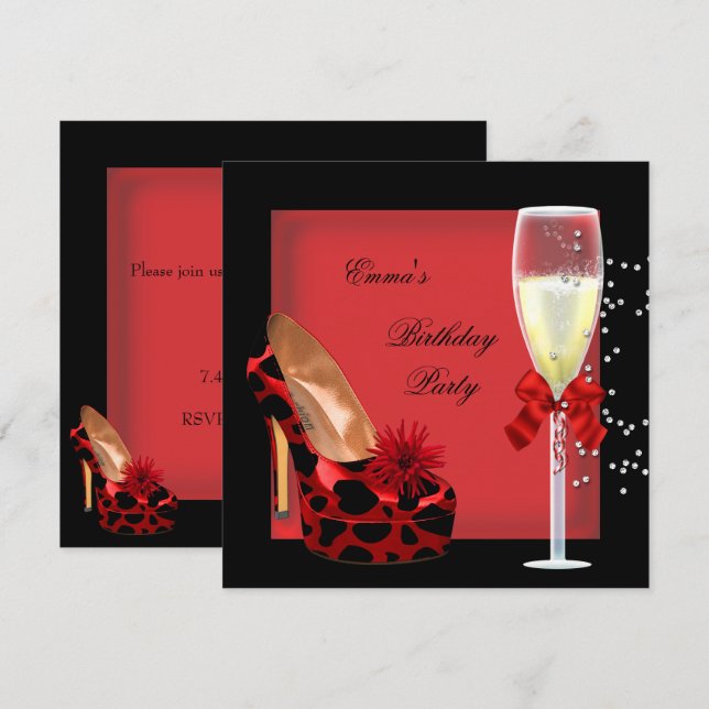 Invitación Fiesta de cumpleaños Rojo Negro zapato de champán (Anverso / Reverso)