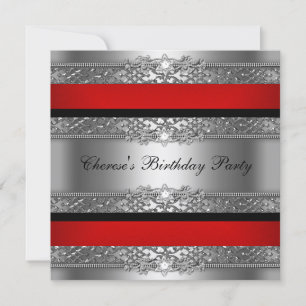 Invitación Fiesta de Cumpleaños Rojo Plata Negro Diamante