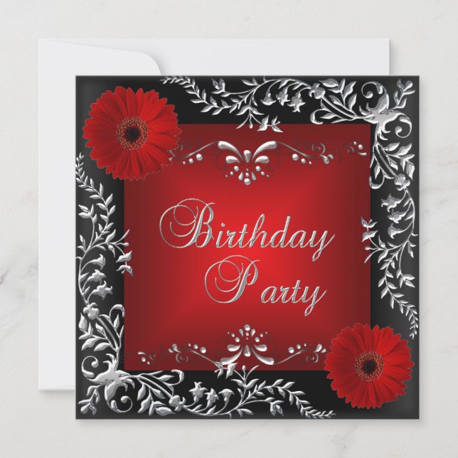 Invitación Fiesta de Cumpleaños Rojo Plateado Floral Negro (Anverso)