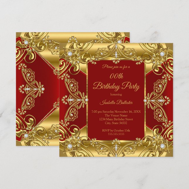 Invitación Fiesta de Cumpleaños Rojo Regal Ornate Diamantes F (Anverso / Reverso)