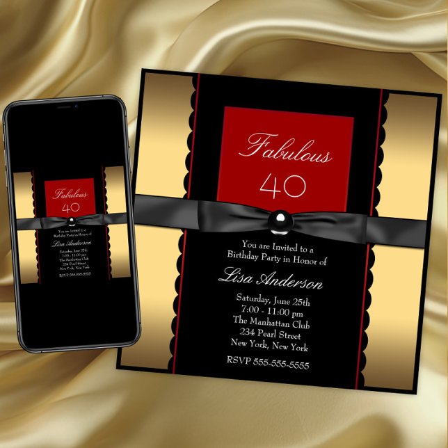 Invitación Fiesta de cumpleaños rojo y negro de oro para las  (Elegant any birthday or occasion invitation. Instant download and printed invitations available.)