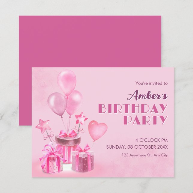 Invitación Fiesta de Cumpleaños Rosa (Anverso / Reverso)