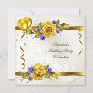 Invitación Fiesta de Cumpleaños Rosa Amarillo Dorado Purpura