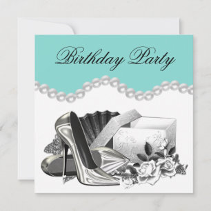 Invitación Fiesta de Cumpleaños Rosa Blanca Elegante Azul Tea