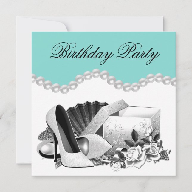 Invitación Fiesta de Cumpleaños Rosa Blanca Elegante Azul Tea (Anverso)