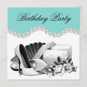 Invitación Fiesta de Cumpleaños Rosa Blanca Elegante Azul Tea