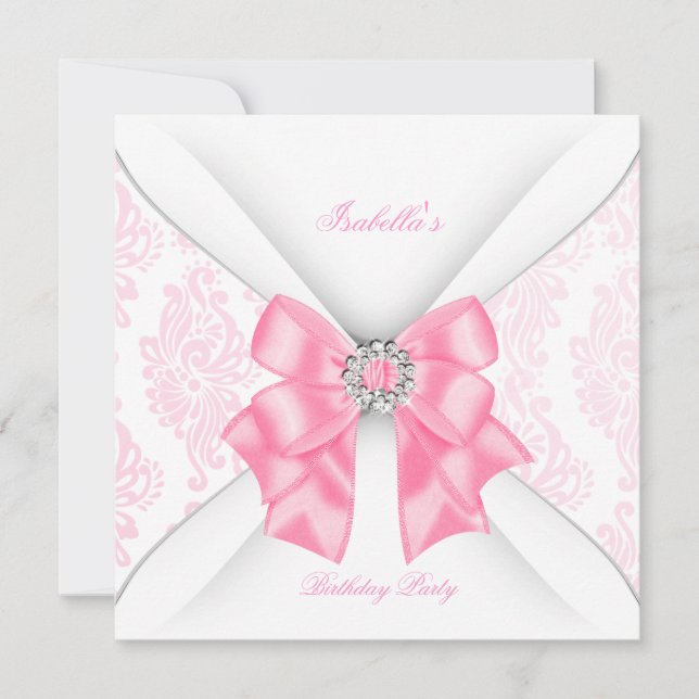 Invitación Fiesta de Cumpleaños Rosa Bonito con Lazo de Diama (Anverso)