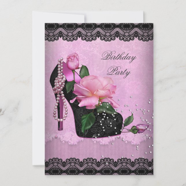 Invitación Fiesta de Cumpleaños Rosa Bonito Zapatos de Tacón  (Anverso)