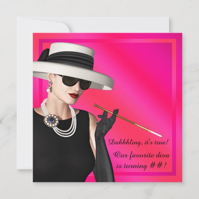 Invitación Fiesta de Cumpleaños Rosa Caliente Diva Elegante (Anverso)