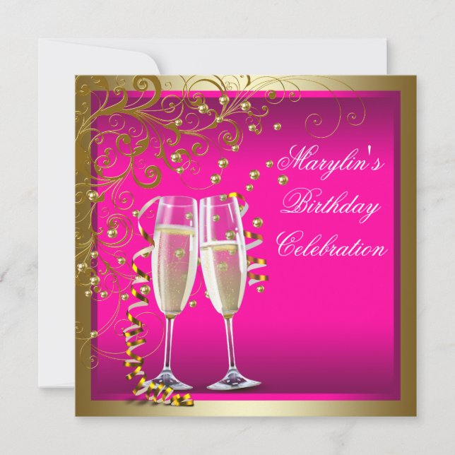 Invitación Fiesta de Cumpleaños Rosa Caliente Dorado para Muj (Anverso)