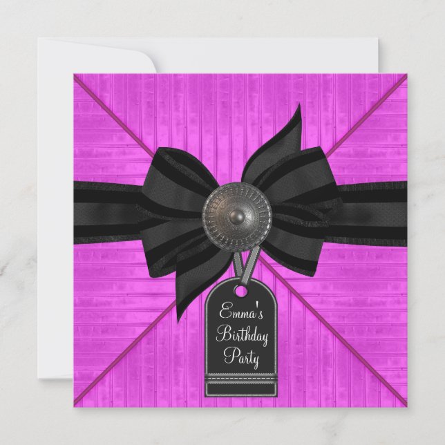 Invitación Fiesta de Cumpleaños Rosa Caliente Negro (Anverso)