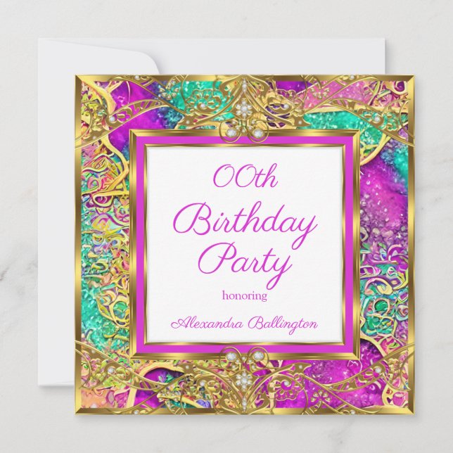 Invitación Fiesta de cumpleaños rosa caliente turquesa púrpur (Anverso)
