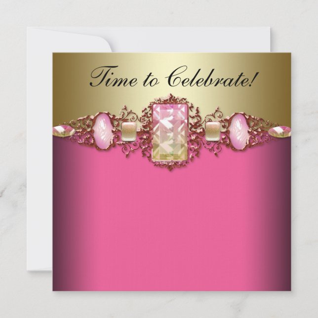 Invitación Fiesta de Cumpleaños Rosa Caliente y Dorado (Anverso)