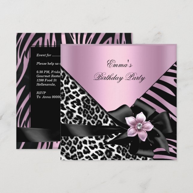 Invitación Fiesta de Cumpleaños Rosa Cebra Leopardo Elegante (Anverso / Reverso)